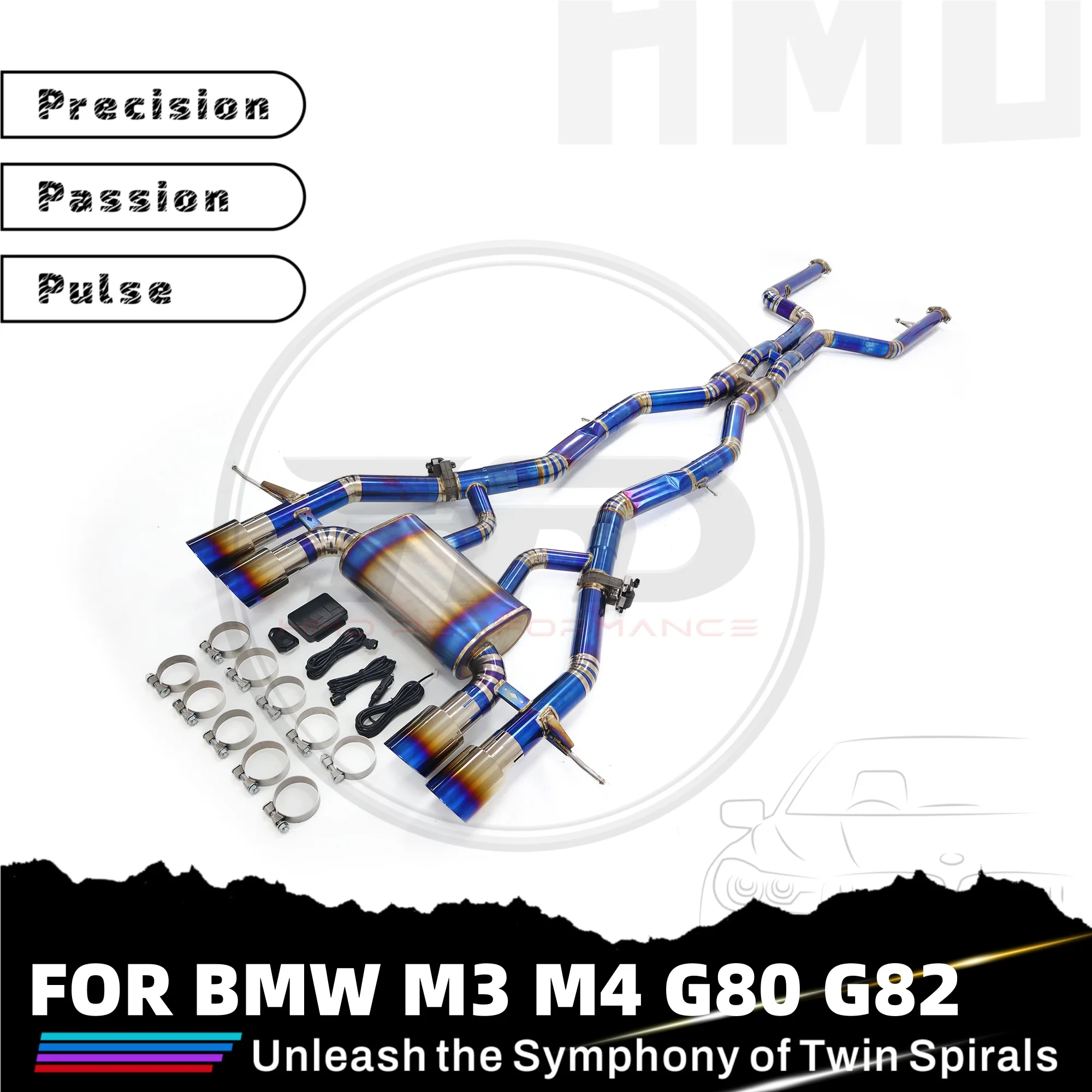 

HMD Titanium Baked Blue Exhaust System Performance Catback for BMW M3 M4 G80 G82 3.0T Muffler With Valves And Ti Tips