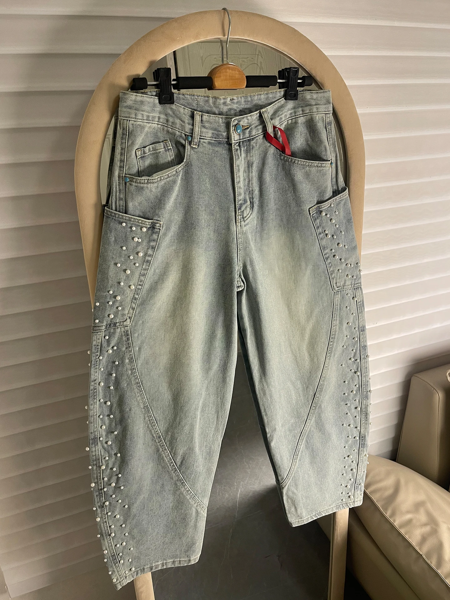 

Parisian Style Heavy Duty Pearl Denim Jeans Men Women American High Street Design Loose CleanFit Knife Trendy Jeans