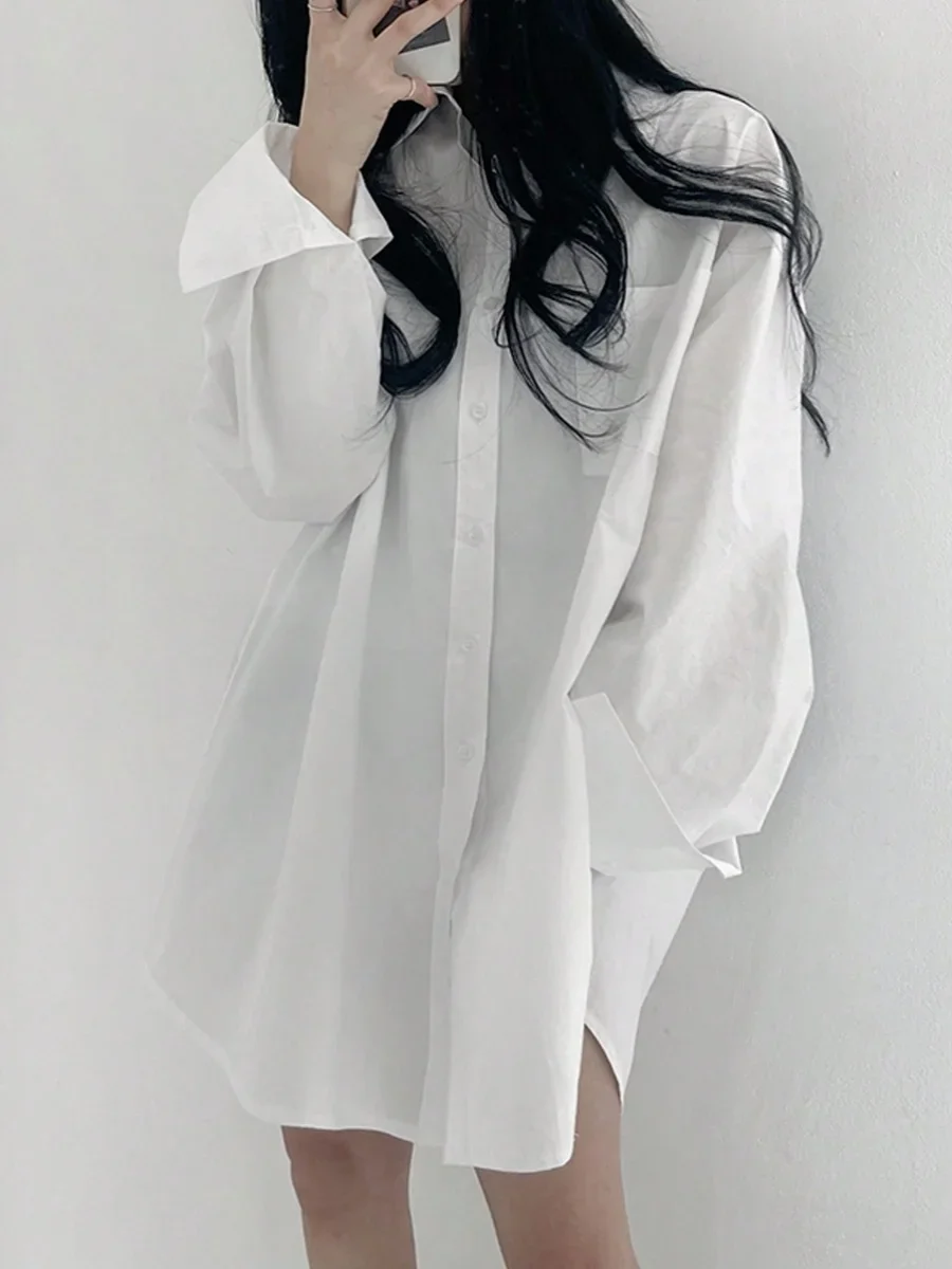 Koreański Sle Chic Polo Neck otwarty kardigan Top luźna, długa rękaw ochrona przed słońcem biała koszula moda damska dojazdy XT652
