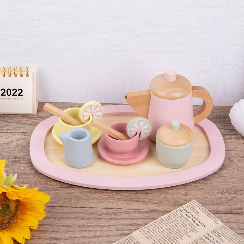 Girl\'s House Simulation Afternoon Tea Baby Wooden Educational ToysTea Set Puzzle Toys Wooden Pretend Play Toys