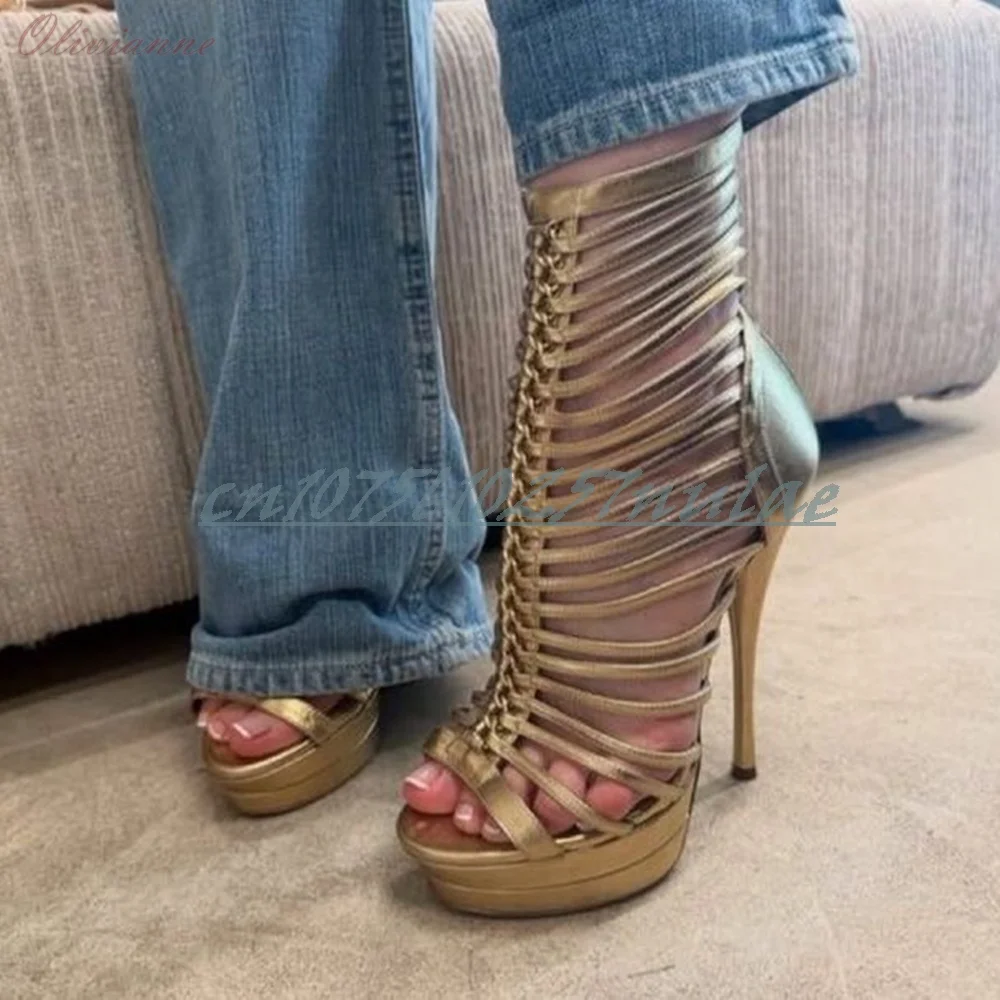 

Gold Hollow Belts Design Sandals Leather Back Zipper Stiletto High Heel Party Hot Girls Sexy 2026 Stage Women Shoes Para Mujere