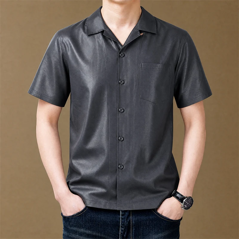 Cuban Collar Mud Silk Shirt For Men Short Sleeve Luxurious Satin Summer Quality Skin-Friendly Loose Fit Pocket Camisas De Hombre