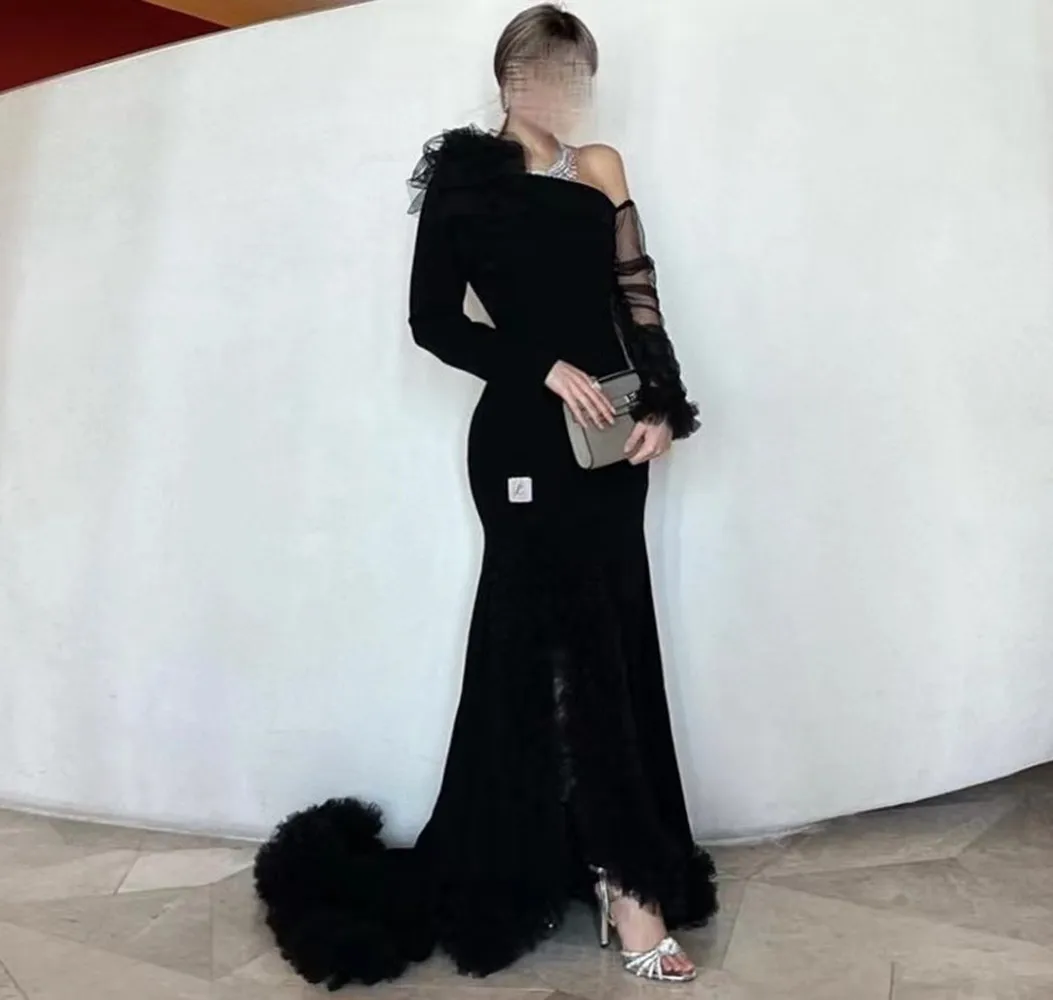 

Oisslec Black Mermaid Prom Dresses Cascading Ruffles Tulle Side Slit Evening Party Formal Gowns Long Sleeves Robe De Soiree