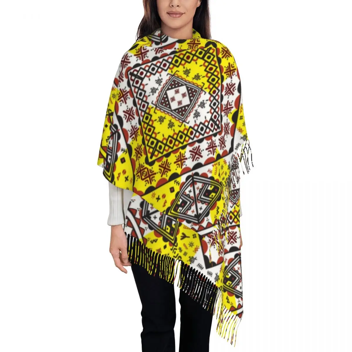 Fashion Kabyle Pottery Berber Motifs Tassel Scarf Women Winter Warm Shawl Wrap Lady Retro Geometric Amazigh Ornament Scarves