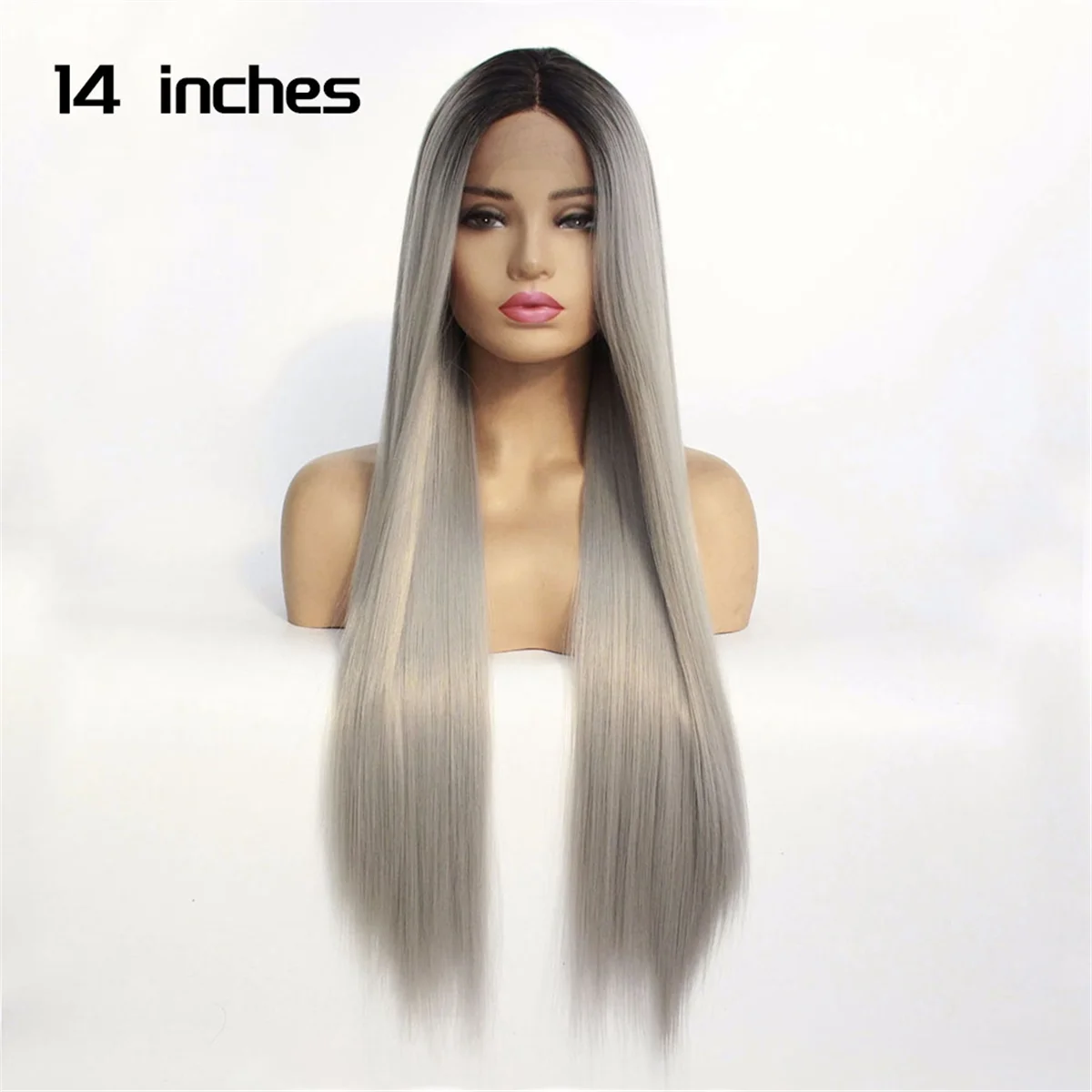Peruca longa e reta dianteira para mulheres, cabelo sintético, 14 polegadas