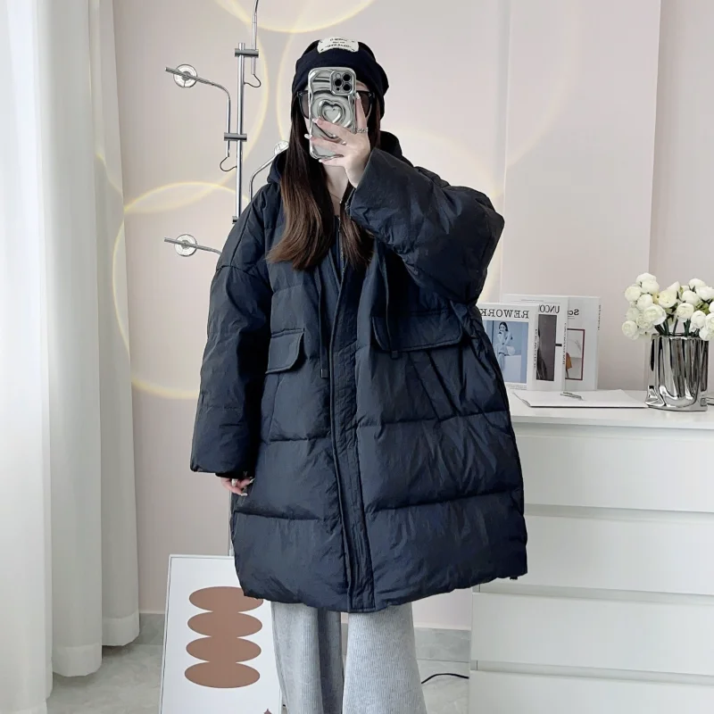سترة نسائية متوسطة الطول مع غطاء للرأس، تصميم مكون من قطعتين، معطف دافئ سميك فضفاض لشتاء 2025، عصري