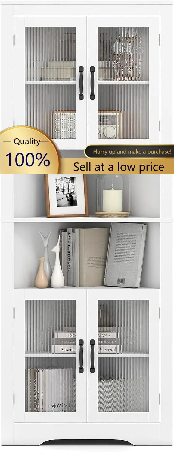 6-Tier Corner Storage Cabinet, 67” Tall Corner Hutch with 4 Fluted Glass Doors, 3-Level Adjustable Shelves, Anti-Toppling System