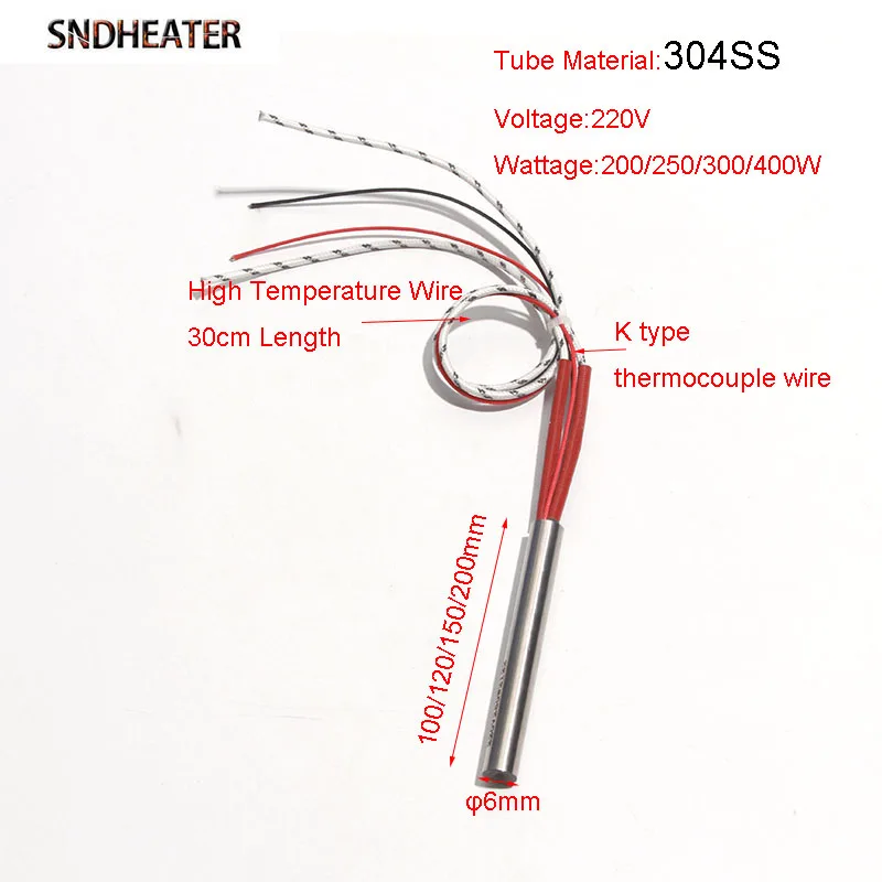 SNDHEATER Cartridge Heater Rod with K Thermocouple 6x100-200mm 304SS Straight Heating Tubes 200-400W for Molding Machine 5pcs