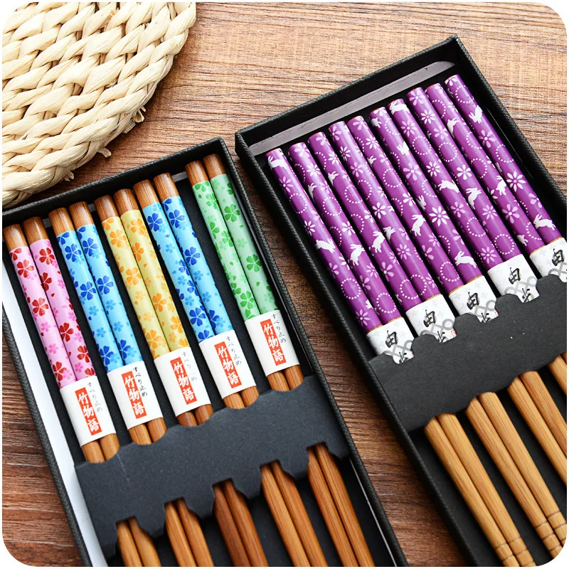 5 Pair Set Bamboo Chopsticks Set Natural Wood Sushi Food Multi Color Household Long Non-Slip Japanese Chopsticks Tableware