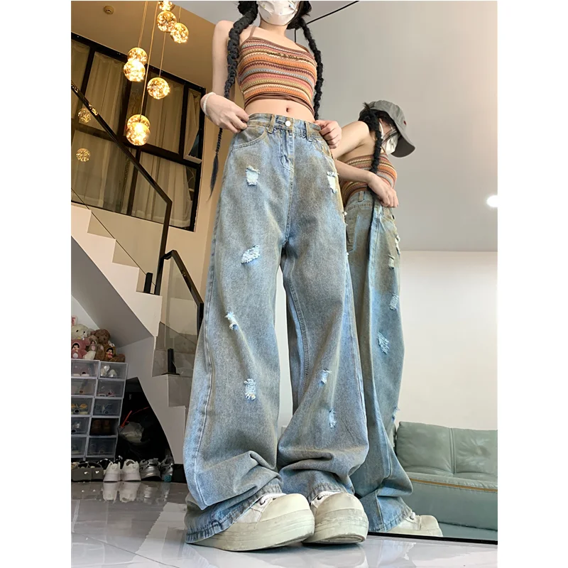 Blue Womens Jeans High Waist Vintage Straight Baggy Denim Pants Streetwear American Design Sense Fashion Wide Leg Denim Trouser