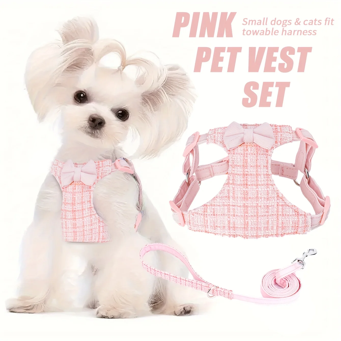 Bow Pet Chest Harness Leash 2-Piece Set, Comfortable Breathable Mesh Pet Chest Harness, Anti-Escape Dog Chest Harness