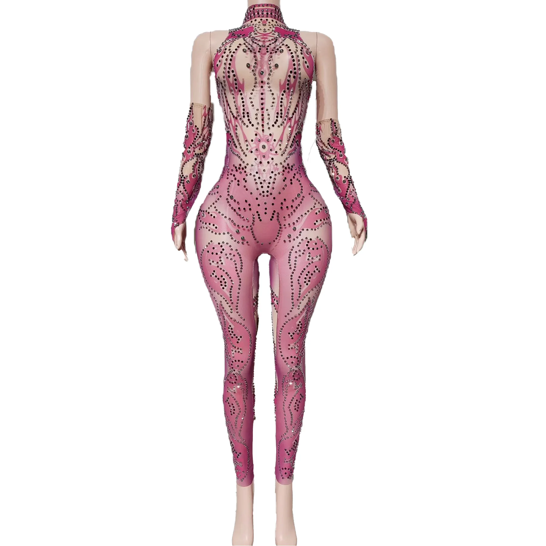 Xiaoemo 2025 بذلة نسائية مثيرة بمنظور شبكي أحمر نمط سراويل ضيقة ملهى ليلي نادي راقصة أداء فستان الحفلات #2