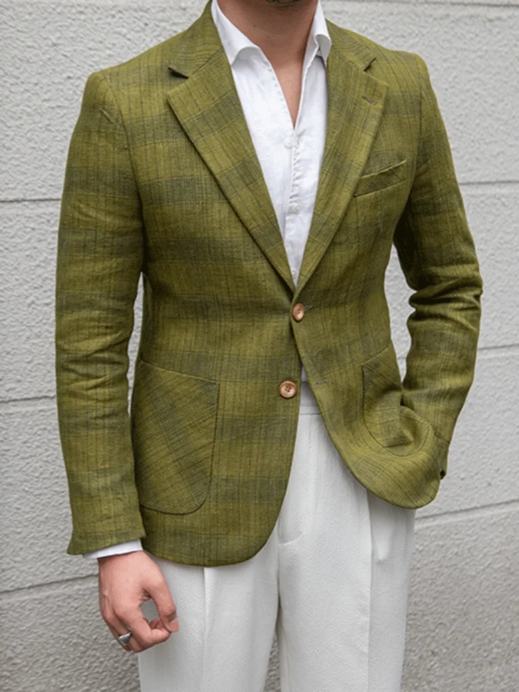 Chaqueta de Traje a Cuadros Verde Oliva para Hombre, Corte Entallado, Estilo Casual, Solapa de Muesca, Blazer para Uso Diario