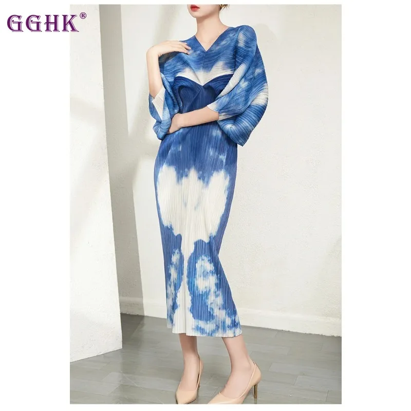 

GGHK Miyake Pleated Fashion Printed Maxi Dress V Neck Batwing Sleeve Loose Plus Size Casual Evening Party Dresses Autumn New