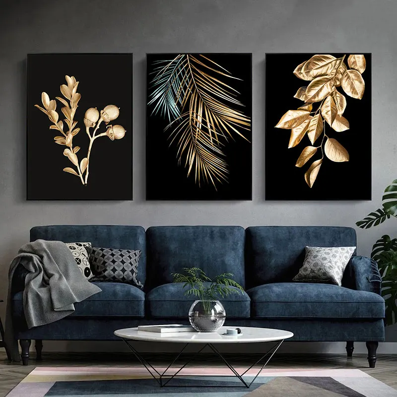 Luxury Golden Leaves Canvas Art Painting Prints Modern Wall Decorative Posters for Living Room Bedroom Home Decoration