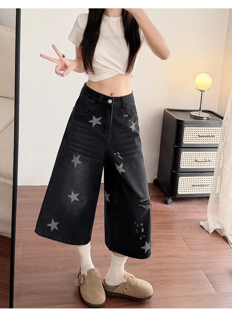 Black Star Hole Wide Leg Seven-Foot Denim Jeans Women Summer New Large Size Loose Slim Straight Pants Casual High Waist Jeans