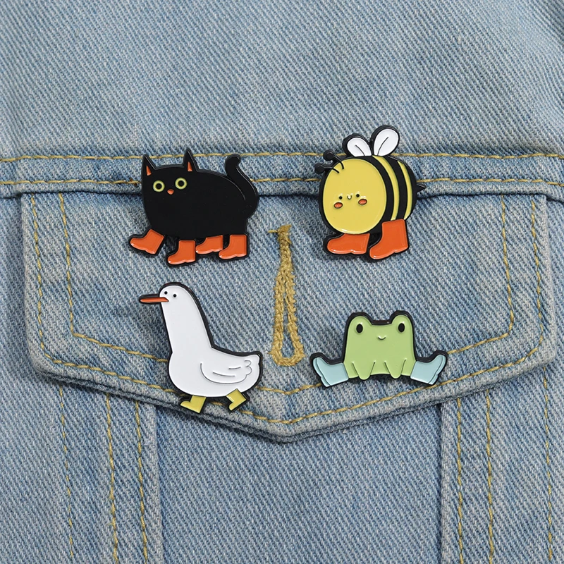 Cartoon Cute Bee Goose Frog Cat with Shoes Enamel Pins Funny Creative Animal Brooches Clothes Collar Decorative Lapel Badge Pin