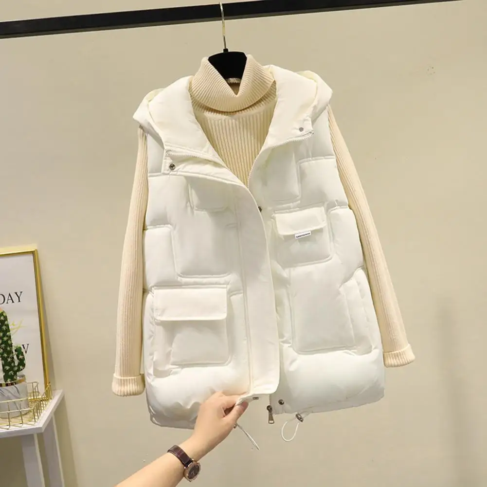 Women Quilted Vest Stylish Quilted Vest with Hood Pockets Women's Winter Jacket in Solid Colors Warm Trendy Female Coat