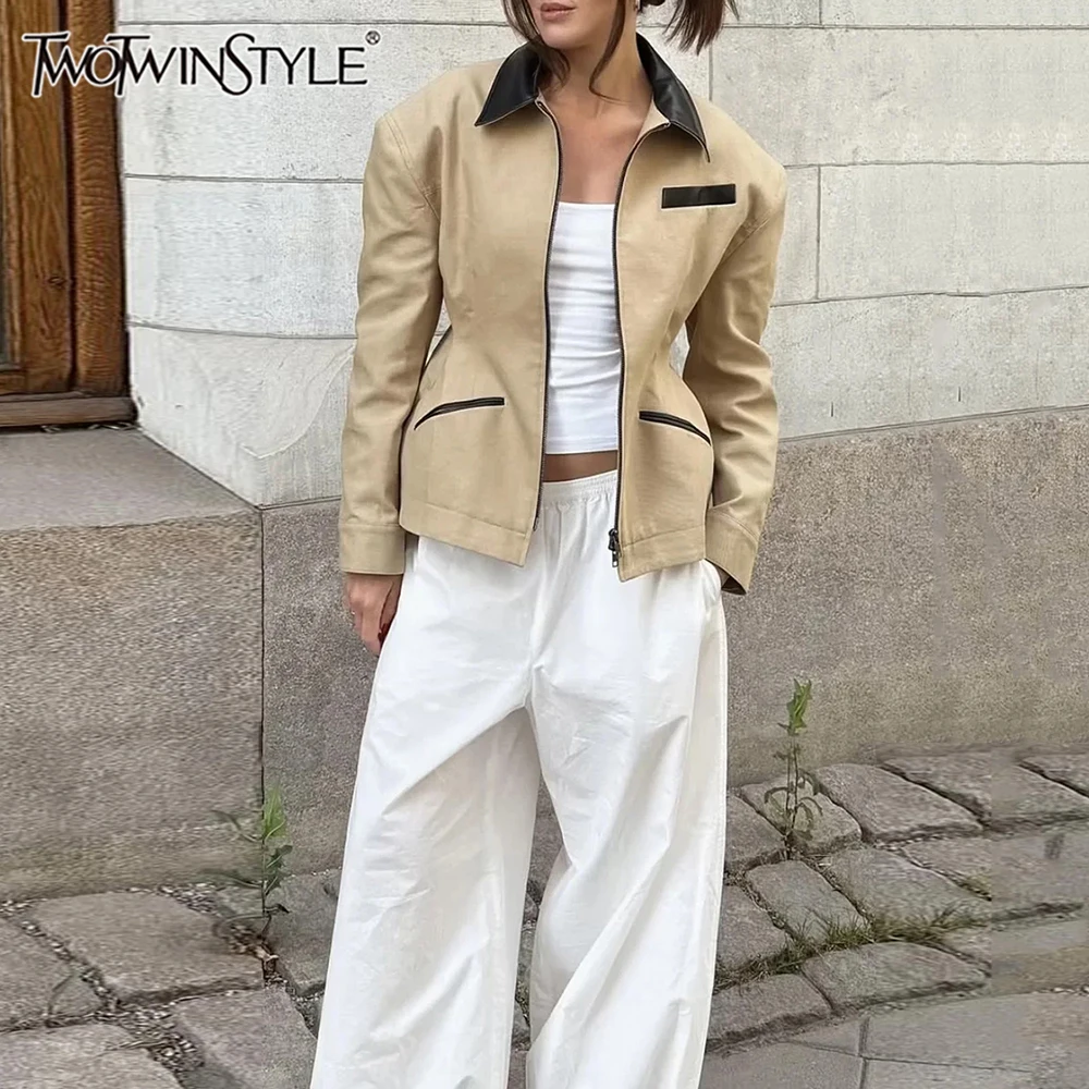 

TWOTWINSTYLE Hit Color Fashion Coat for Women Lapel Long Sleeve Patchwork Zipper High Street Jacket Female Autumn New Clothing