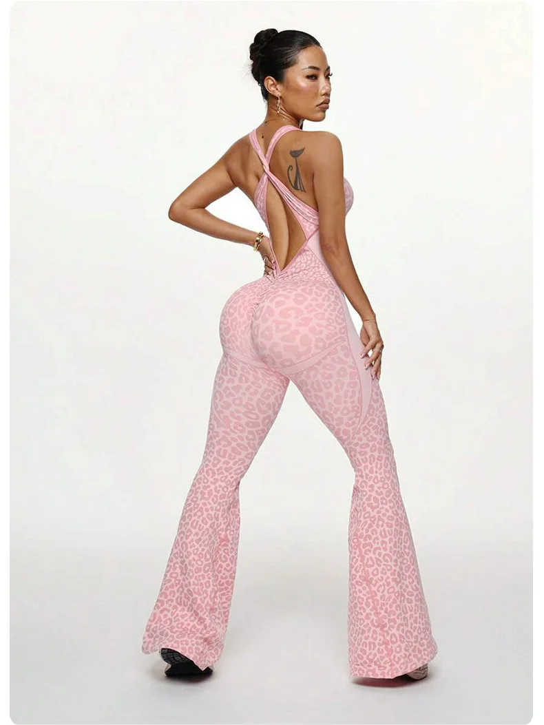 Neue Leopard Print Body Frauen Nahtlose Ausgestelltes Hosen Overalls Sexy einteiliges Fitness Anzug Kreuz Zurück Stretchy Yoga Overalls – Detail 17