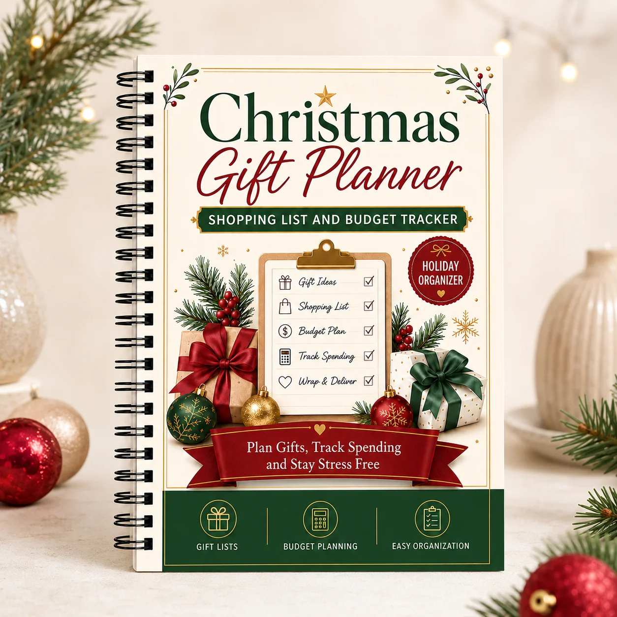 Christmas Gift Planner, Holiday Shopping List and Budget Tracker Notebook, Gift Organizer Journal, Spiral Planner