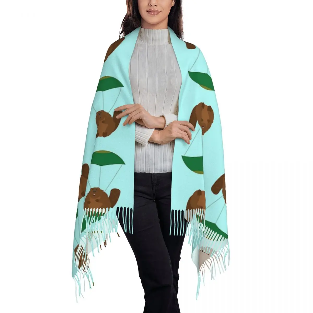 Parachuting Beaver Scarf Tassel Scarves Women Soft Warm Shawls and Wraps Long Fall Winter Shawl Wrap