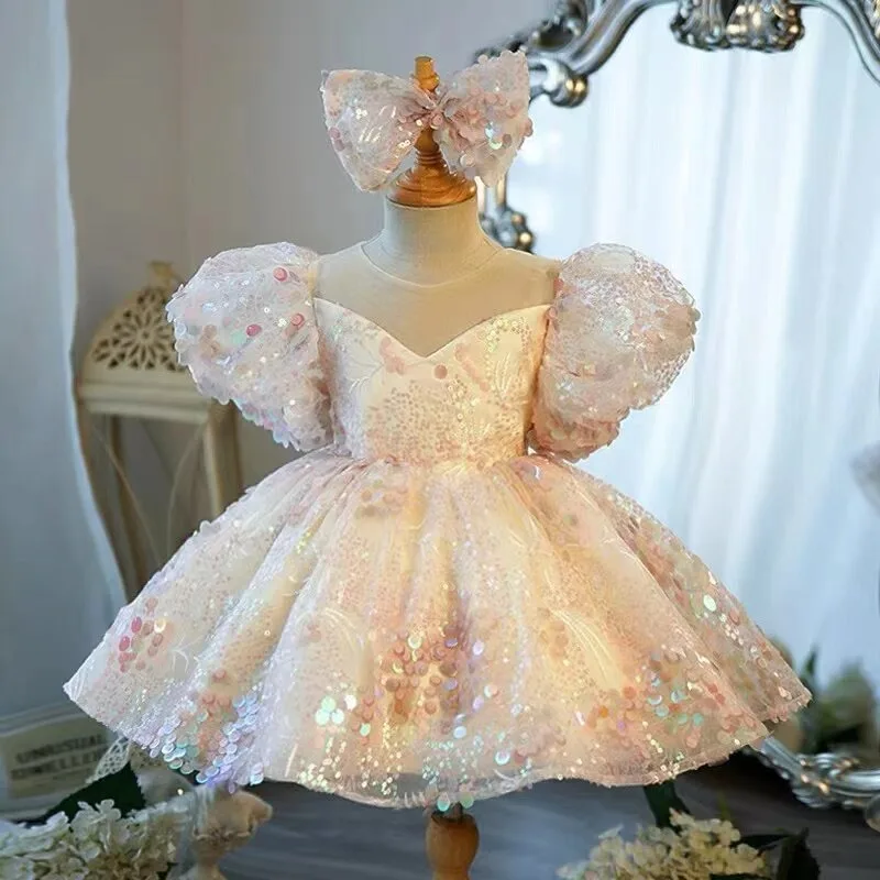 

Little Girl Birthday Flower Evening Dress Children's Host Piano Performance Dress Girl Pink Blue Fluffy Yarn Princess Dress