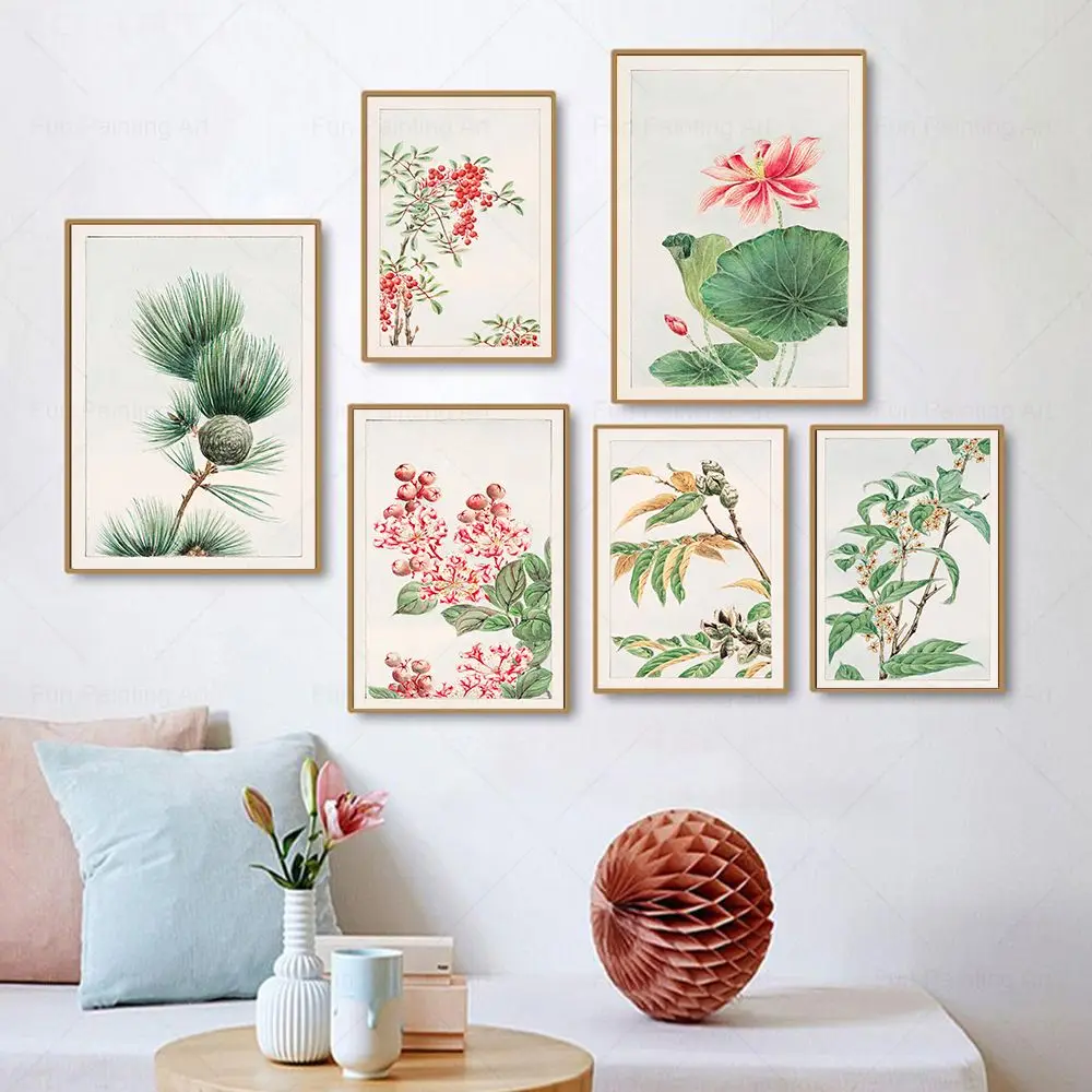Galeria de impressão japonesa matsu bambu pintura de lótus vintage flores plantas cartaz da lona arte da parede fotos sala estar decoração casa