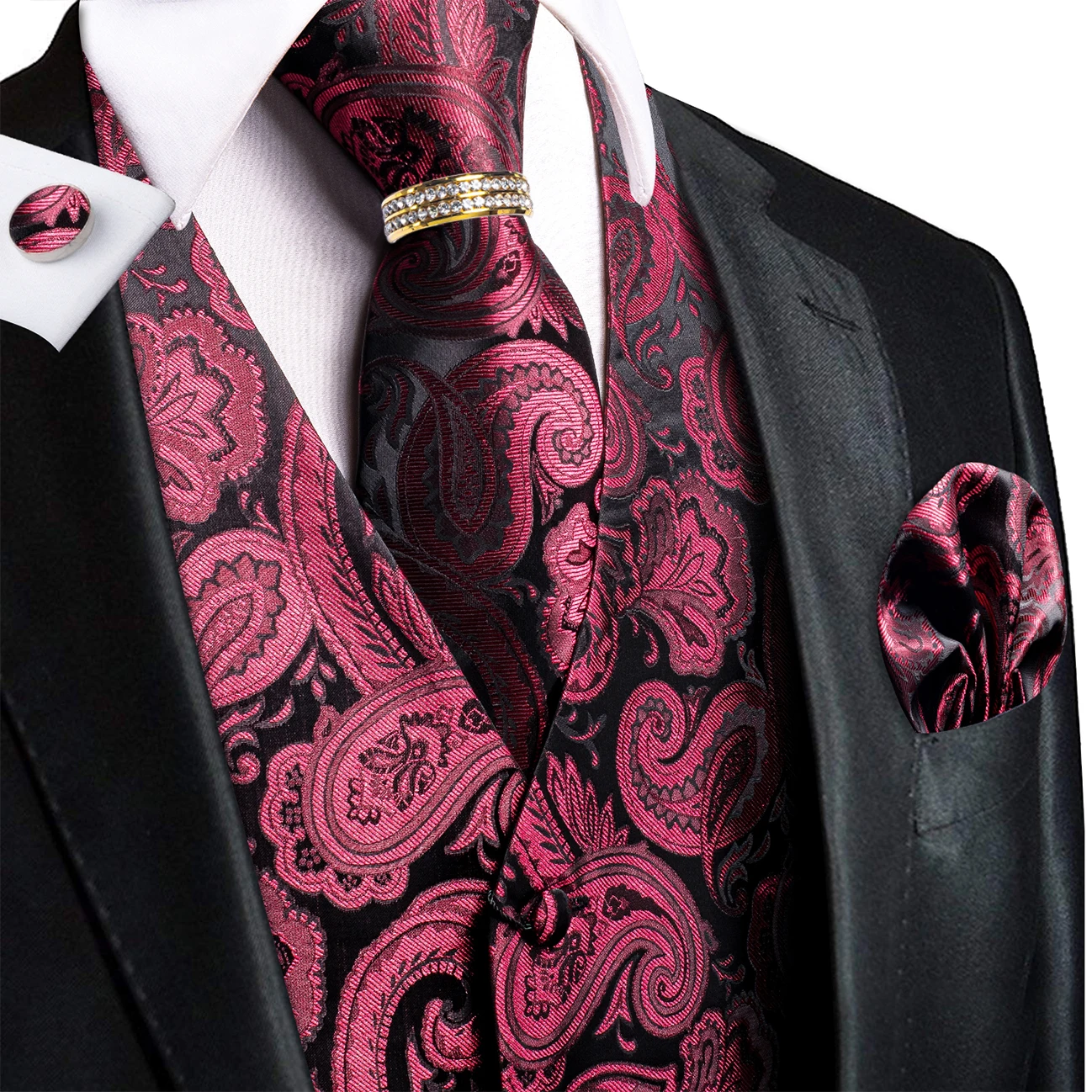 Black Burgundy Paisley V-Neck Vest 5Pcs Set Tie Pocket Square Cufflinks Ring For Wedding Evening Banquet