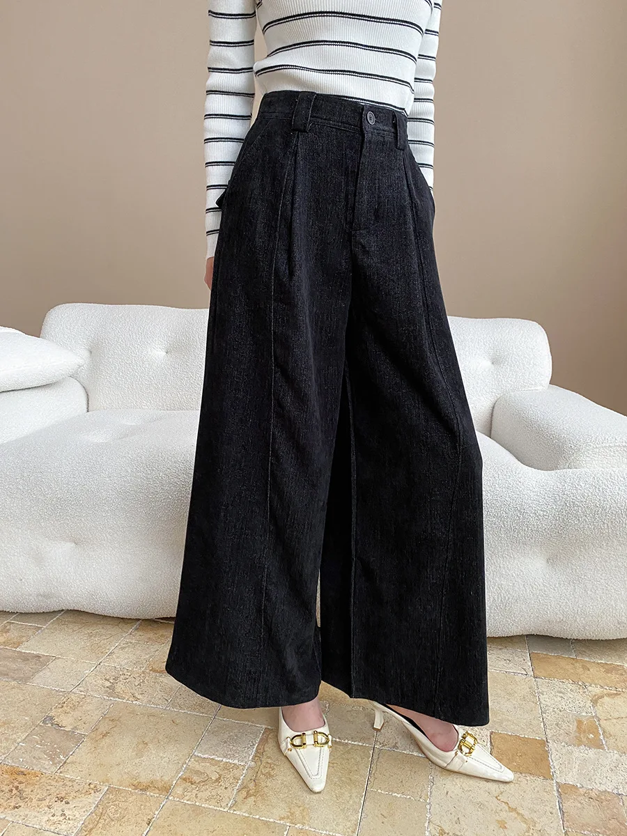 

Американские ретро полуэластичные свободные повседневные широкие брюки с завышенной талией и изогнутыми ножами