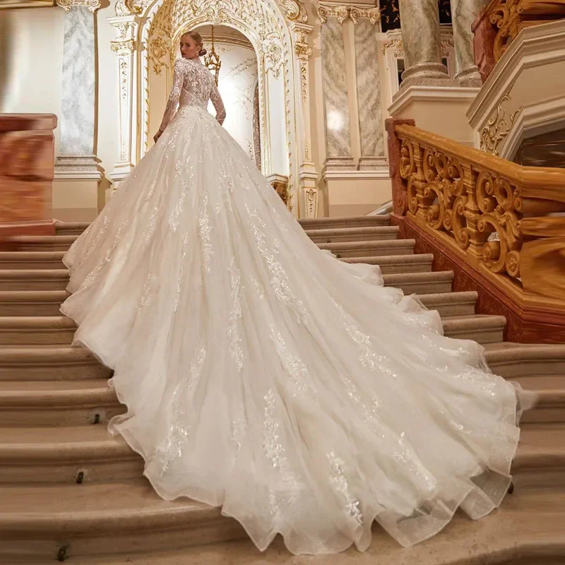 Vestido de novia de línea a de tul vintage de lujo, Apliques de encaje, cuello alto, manga larga, Boda de auditorio, vestido de novia romántico, talla grande