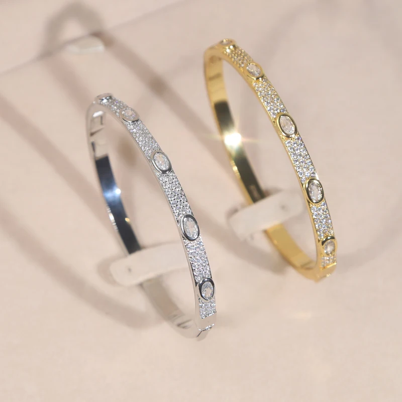 Luxury 58mm Geometric Oval Cz Bangles for Women Micro Paved Bling Cubic Zirconia Gold and Platinum Plated Color Fashion Jewelry view 2