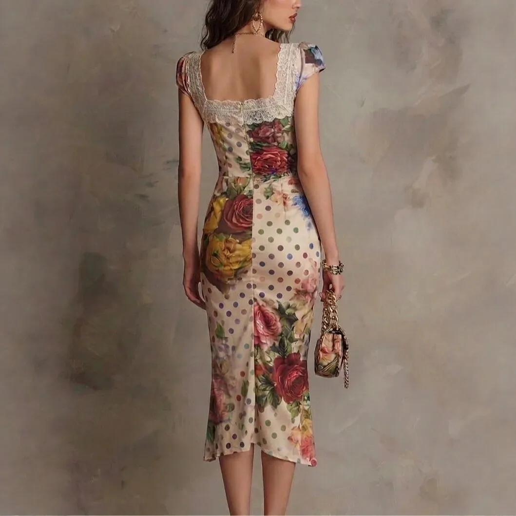 Ruched Printed Gown Fitted Retro with Square Neck Short Sleeve Side Slit Polka Dot Asymmetrical Hem Dress Summer for Women