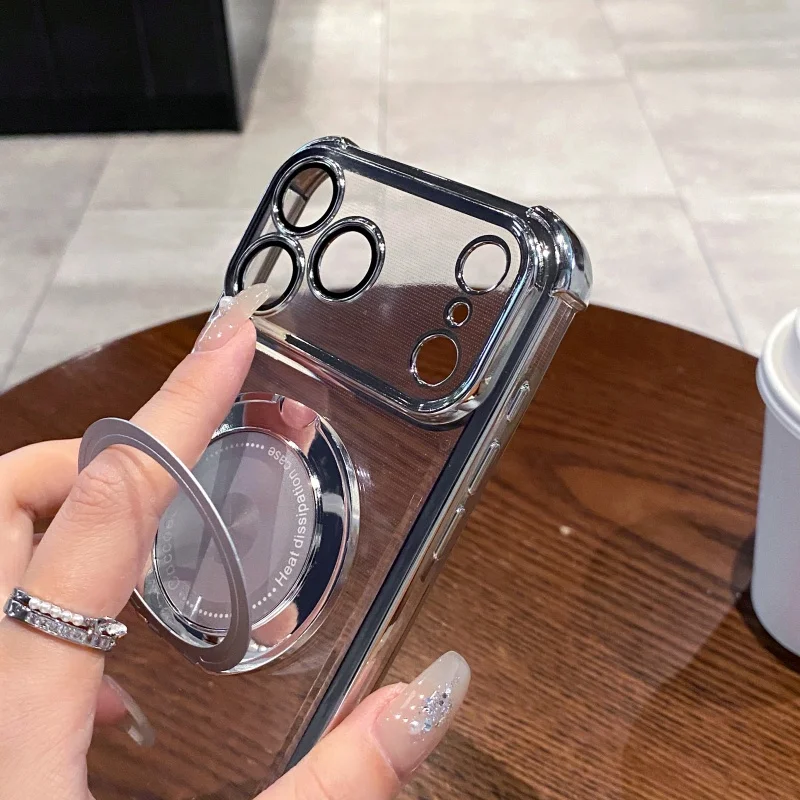Luxury Transparent Magnetic Phone Case For iPhone 17 Air 13 14 15 16 17 Pro Max 11 12 With Ring Stand Plating Soft Case - Image 5