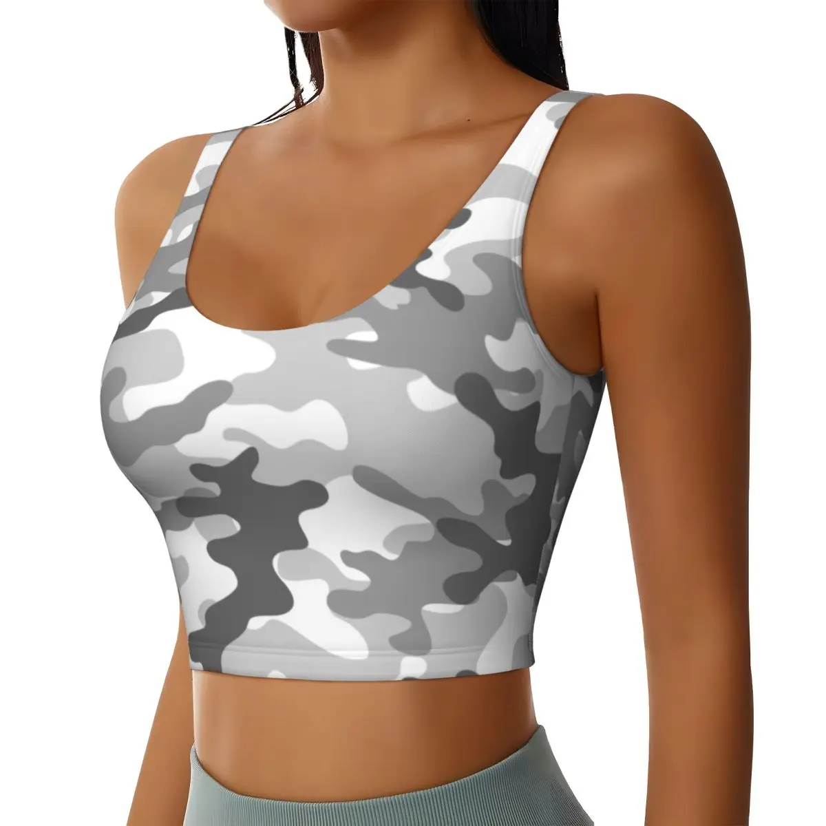 Custom Grey Camouflage Workout Crop Tank Tops Women's Military Army Camouflage Running Sports Bras