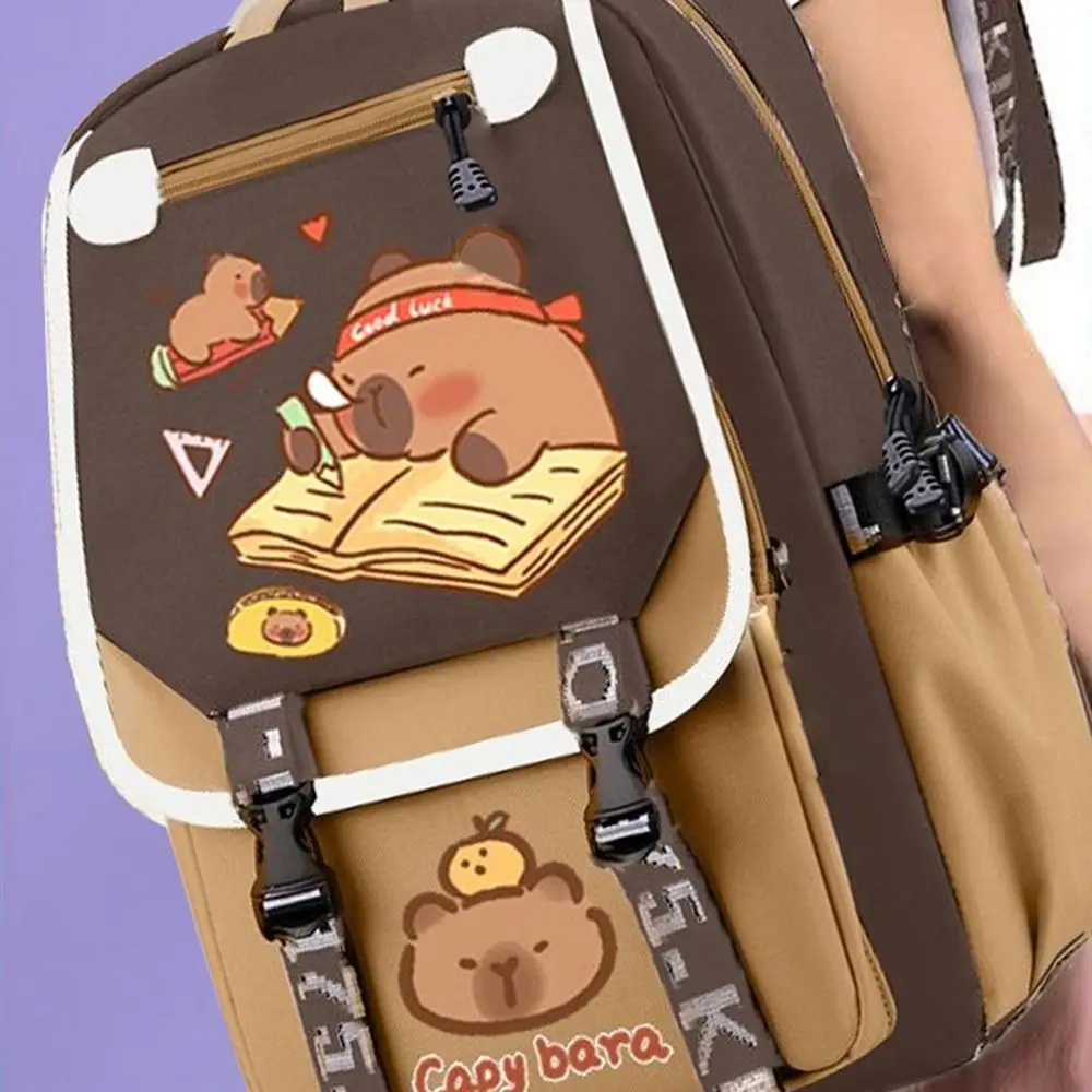 Mochila capivara com vários compartimentos, tecido oxford, à prova d'água, desenho animado, animal, bolsa escolar, alças largas, multifuncional