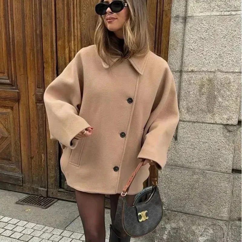 Vintage Diagonal Breasted Warm Loose Jacket Women Lapel Double Pocket Long Sleeve Solid Tops Outerwear Autumn Winter Female Coat