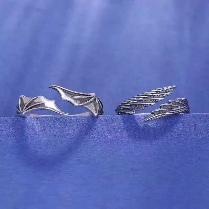 2PCS Fashionable And Simple Angel And Devil Wing Rings, Retro Personalized Open Mouth Men's And Women's Rings Available For Whol