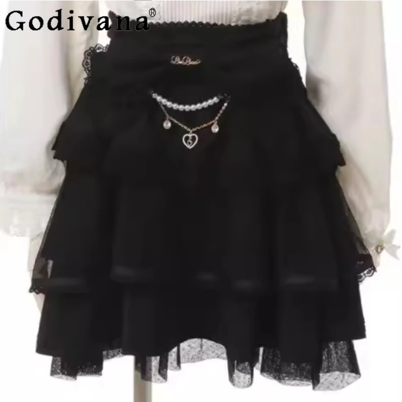 

Spring Large Size Japanese Lace Bow High Waist A-line Skirts Fashion Girl New Versatile Age Reduction Princess Cake Short Skirts