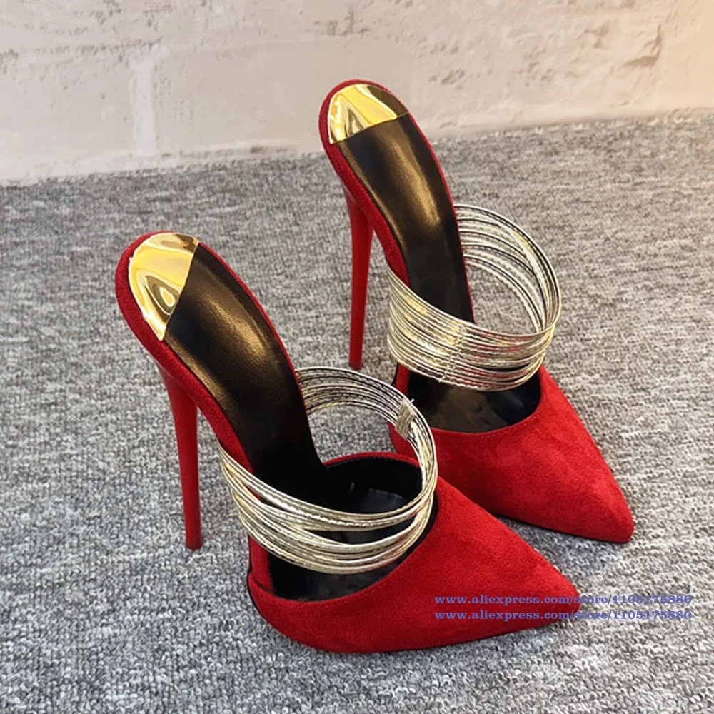 

Red Suede Gold Multi-Chain Mules Sexy Stiletto Heels Slippers Luxury Designer Dress Party Shoes Sandalias De Mujer Verano