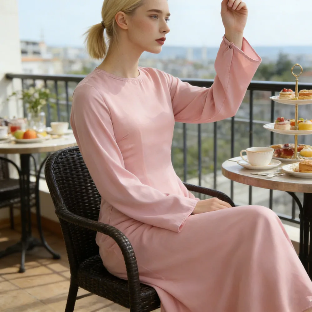 

Модное однотонное мусульманское платье с длинным рукавом для женщин, дубайская абайя, атласный кафтан, исламская одежда, турецкий халат, арабское платье-роба