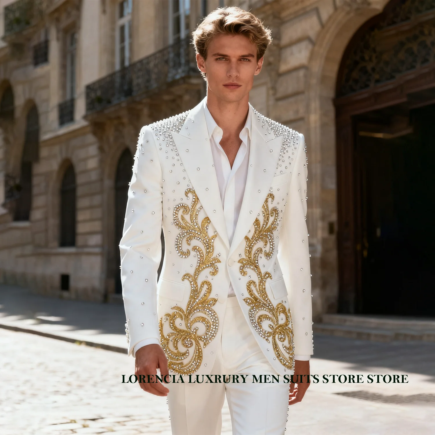 

Handsome Slim Fit Men Suits Single Breasted Ropa hombre 2 Pieces Sets Groom Male Blazers Rhinestones Beaded Wedding Tuxedos