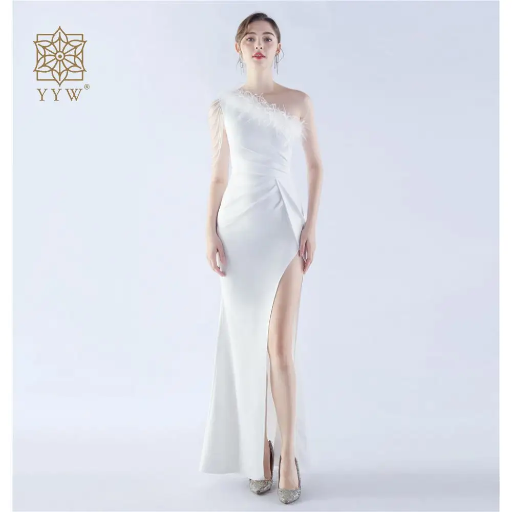 

White Women Formal Occasion Dress Beading Mermaid Slim Ball Gown One Shoulder Side Slid Feather Vestido Evening Female Gala Gown