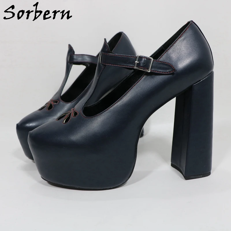 Sorbern Unisex Style Women Pump Shoes T-Strap Hollow Flower Navy Blue Red Seam Female Pump Shoes Block High Heel Custom