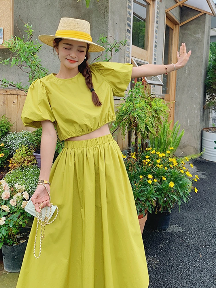 LANMREM Fashion Set For Women O-neck Puff Sleeve Short Tops With Elastic Waist Loose Skirt 2024 Summer New Clothing 2Z1188