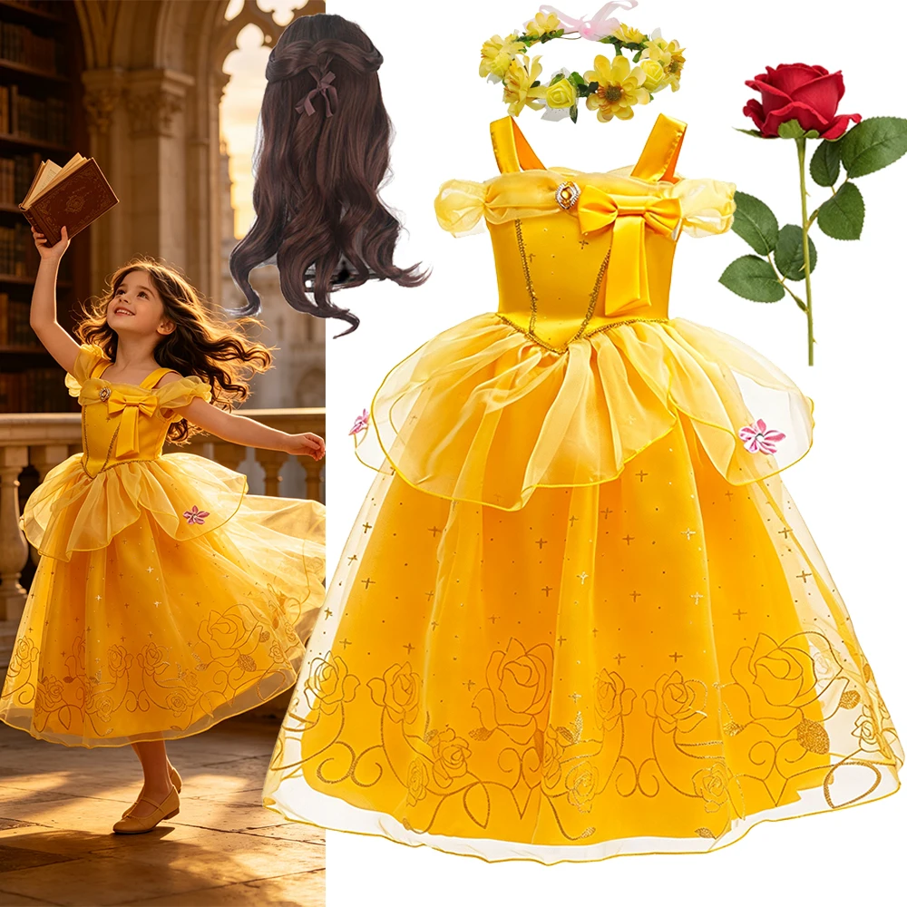 Belle Costume Girl Princess Yellow Dress Up Set Sleeveless Long Dress Crown Wand Gloves Earrings for Girls Halloween Birthday