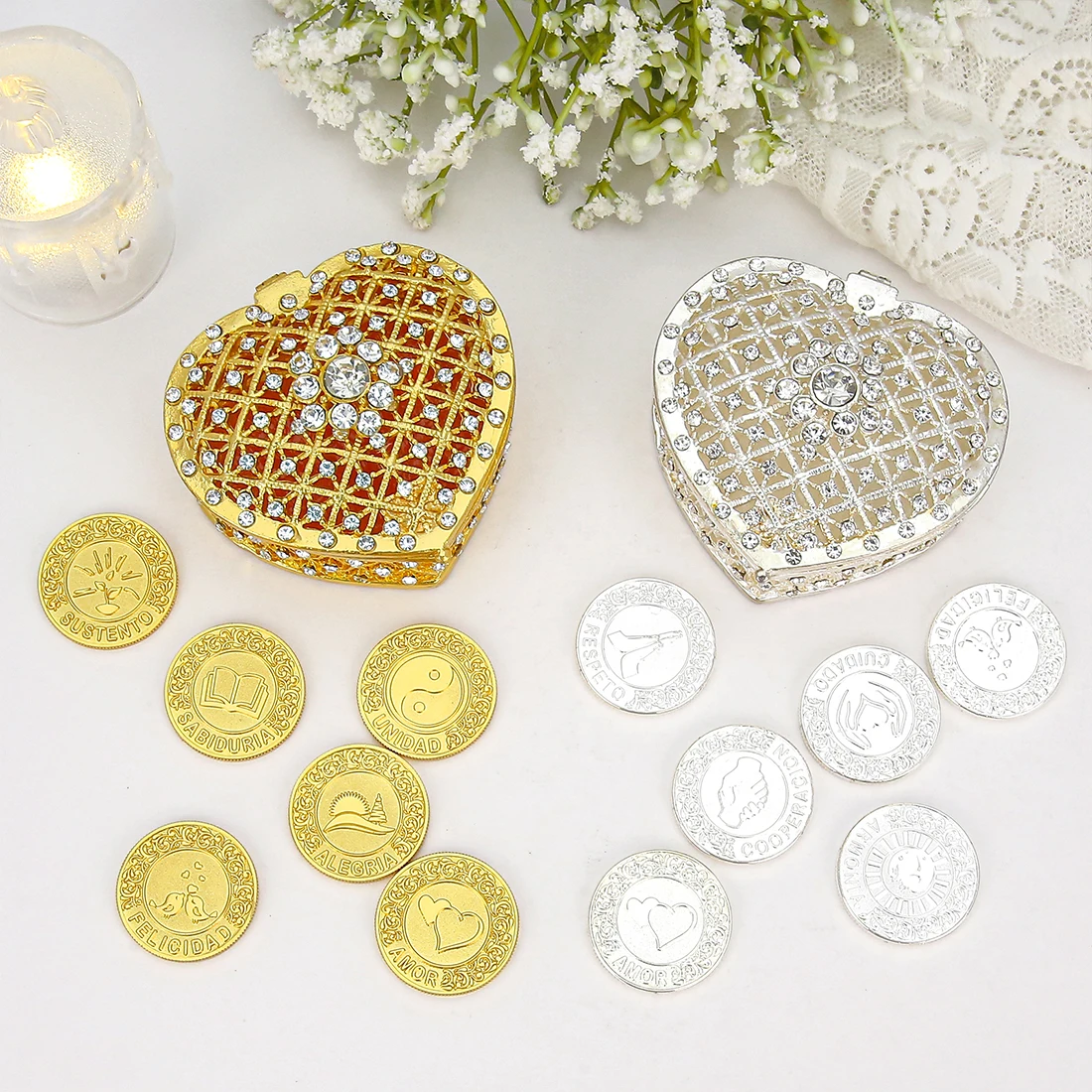 13pcs Spanish Arras Para Boda Unity Coins For Wedding Set With Heart Gift Box Ceremony Bride Favors Jewelry