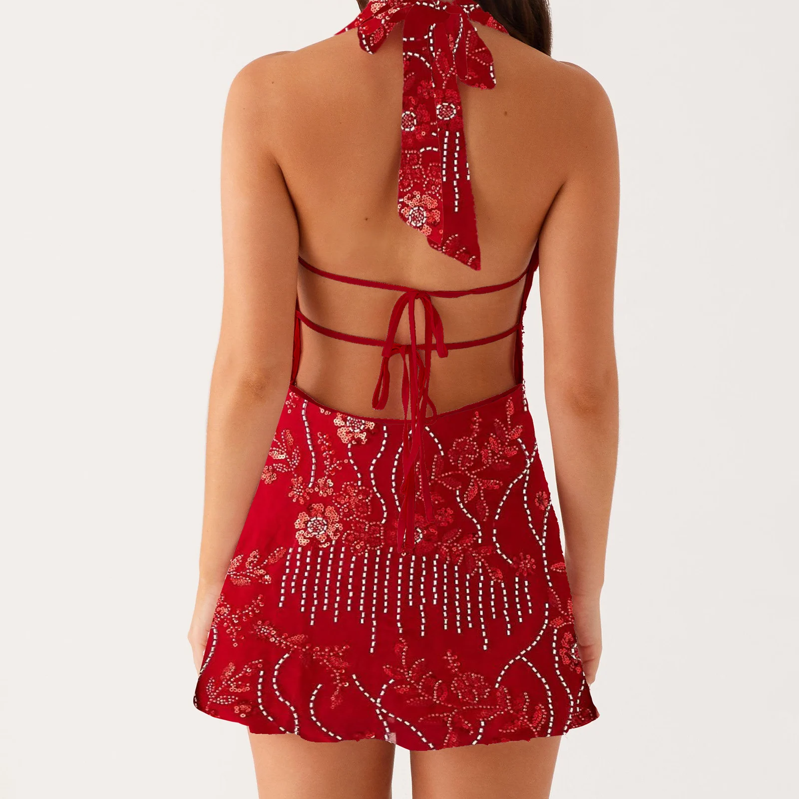 Frauen Sexy Neckholder Pailletten Floral Minikleid Floral Bodycon Rückenfreies Ausschnitt Kleid Low Cut Mesh Ausgehen Kleider Beachwear