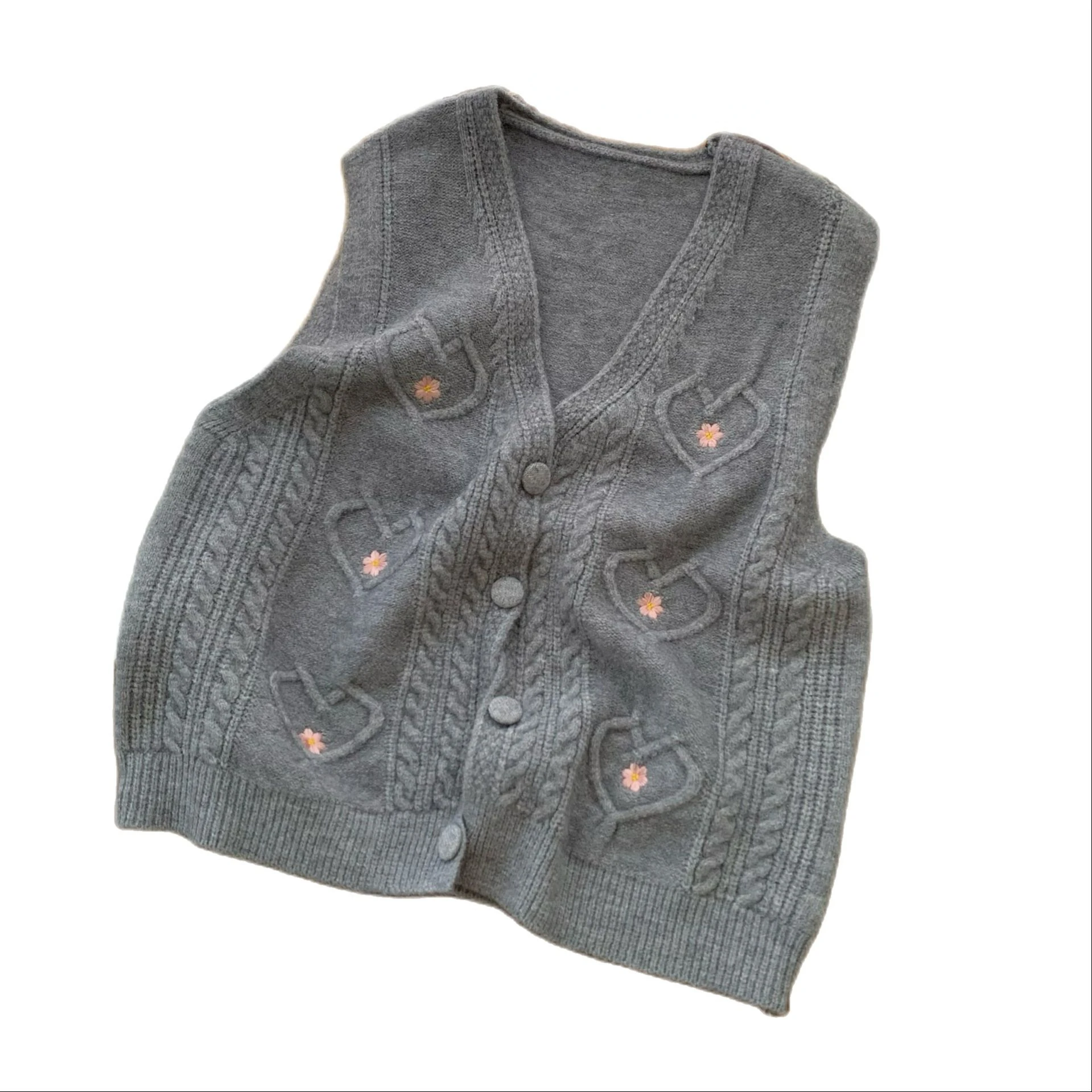 

2023 Autumn Sweet Flower Slim Fit Top Solid Color Knitted Vest Women's Sleeveless Cardigan