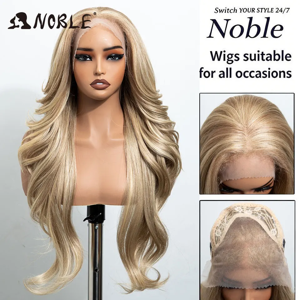 Noble 28 Zoll Synthetische Lace-Front-Perücken für schwarze Frauen, 13x4, vorgezupft, geschichtet, Ombre Braun-Blond mit Highlights, Perücken für den täglichen Gebrauch – Detail 10